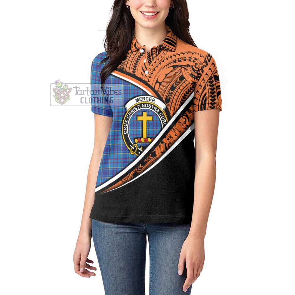 Tartan Vibes Clothing Mercer Crest Tartan Women's Polo Shirt with Maori Tattoo Style - Orange Version