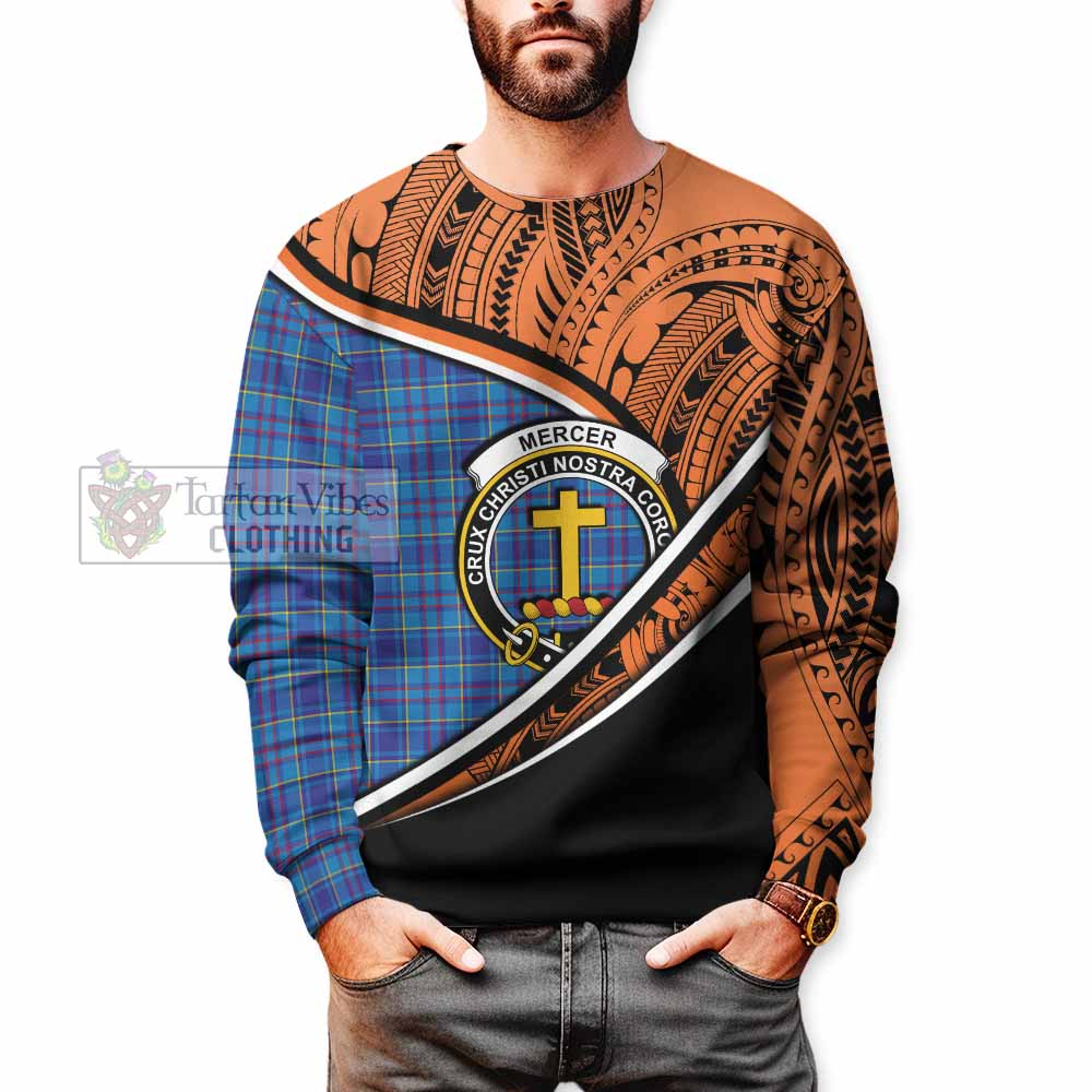 Tartan Vibes Clothing Mercer Crest Tartan Sweatshirt with Maori Tattoo Style - Orange Version