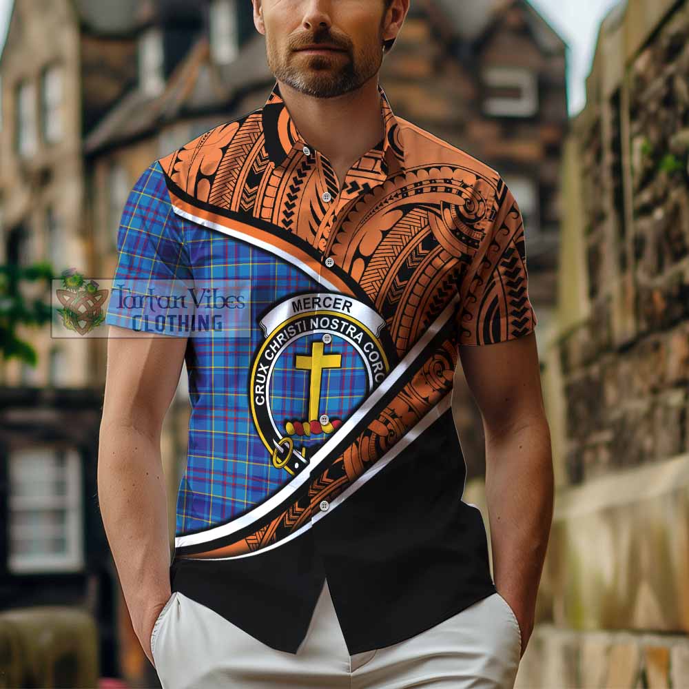 Tartan Vibes Clothing Mercer Crest Tartan Short Sleeve Button Shirt with Maori Tattoo Style - Orange Version