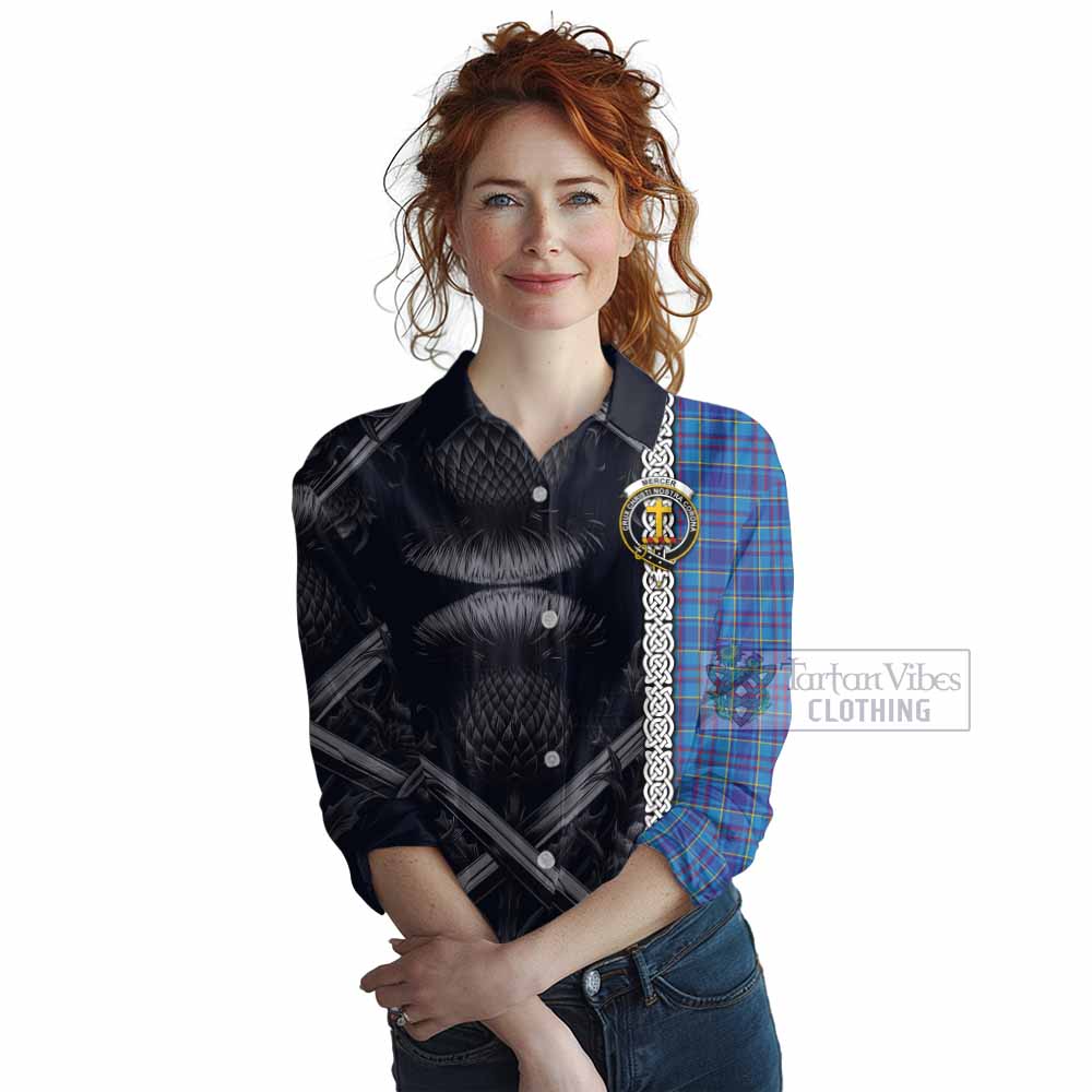 Tartan Vibes Clothing Mercer Tartan Women's Casual Shirt with Family Crest Cross Sword Thistle Celtic Vibes