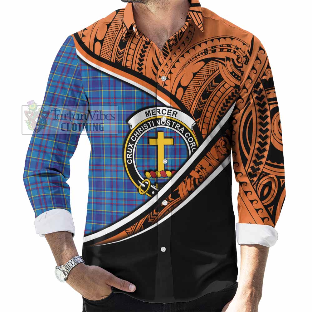 Tartan Vibes Clothing Mercer Crest Tartan Long Sleeve Button Shirt with Maori Tattoo Style - Orange Version