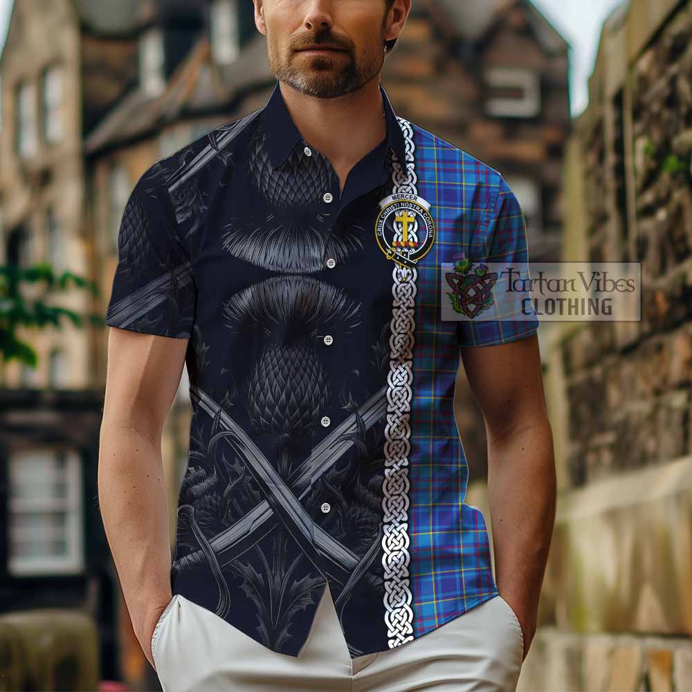 Tartan Vibes Clothing Mercer Tartan Short Sleeve Button Shirt with Family Crest Cross Sword Thistle Celtic Vibes