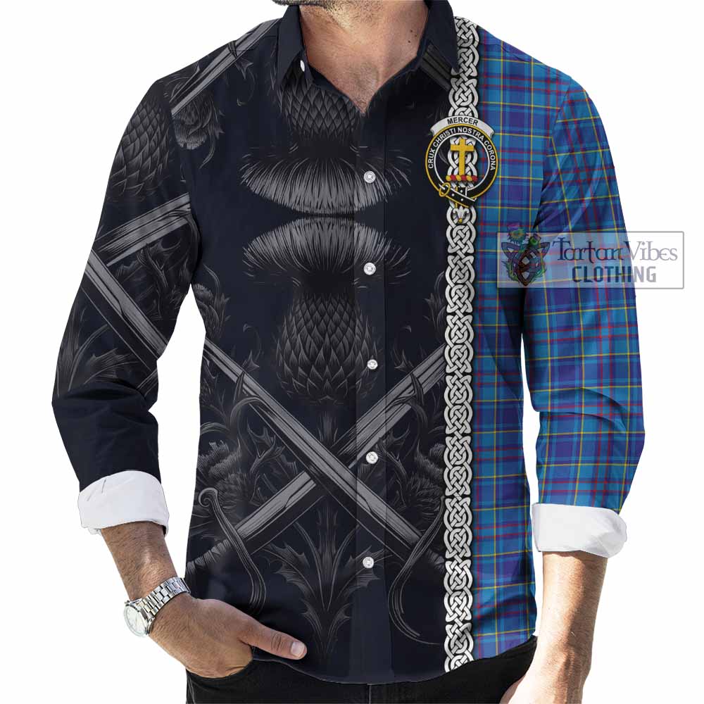 Tartan Vibes Clothing Mercer Tartan Long Sleeve Button Shirt with Family Crest Cross Sword Thistle Celtic Vibes