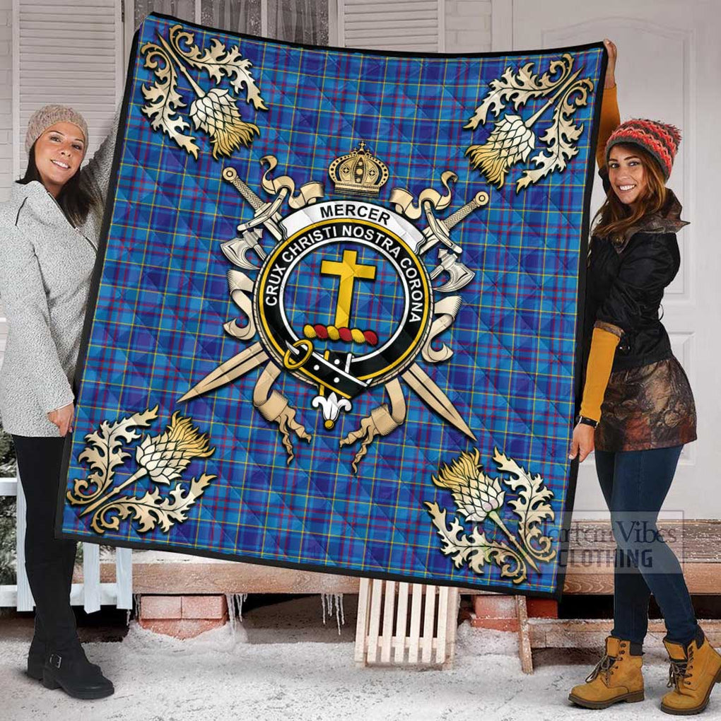 Tartan Vibes Clothing Mercer Tartan Quilt with Family Crest and Scottish Golden Courage Shield