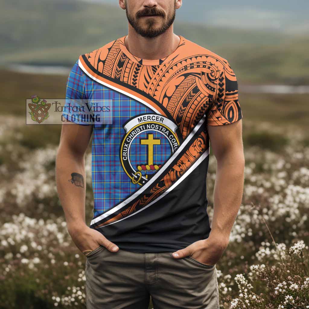 Tartan Vibes Clothing Mercer Crest Tartan T-Shirt with Maori Tattoo Style - Orange Version