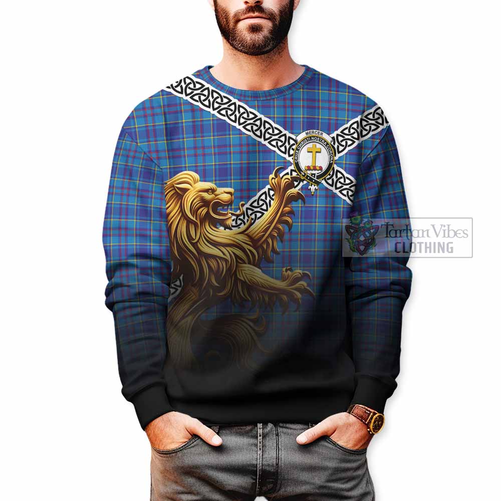 Mercer Crest Tartan Sweatshirt with Golden Lion Emblem Celtic Style - Tartan Vibes Clothing