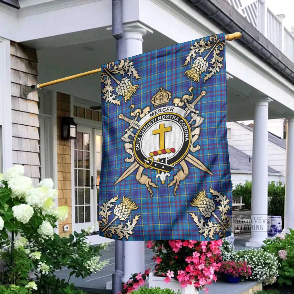 Tartan Vibes Clothing Mercer Tartan Flag with Family Crest and Golden Thistle Crossed Sword Design