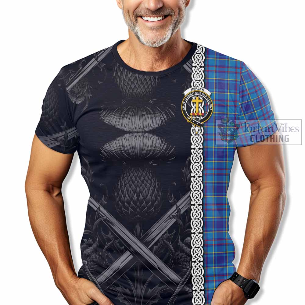 Tartan Vibes Clothing Mercer Tartan T-Shirt with Family Crest Cross Sword Thistle Celtic Vibes