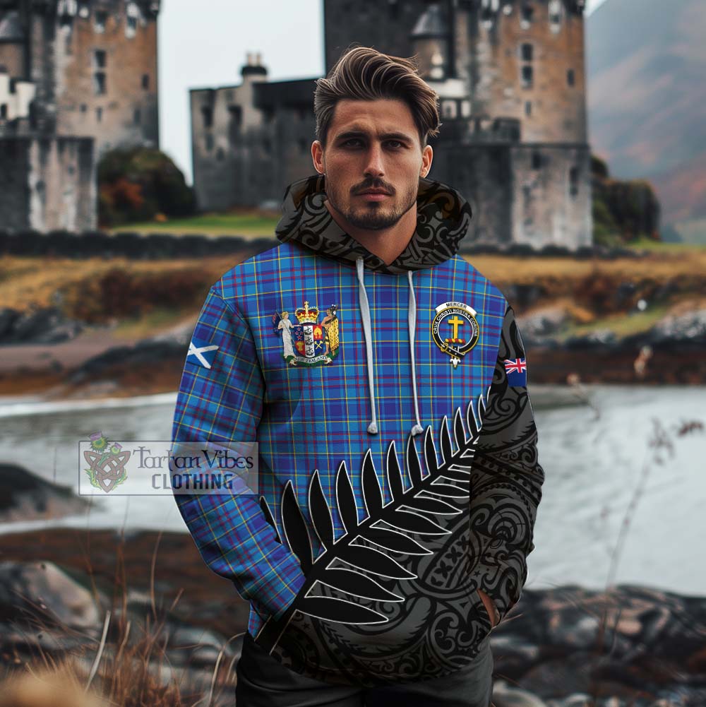 Tartan Vibes Clothing Mercer Crest Tartan Cotton Hoodie with New Zealand Silver Fern Half Style