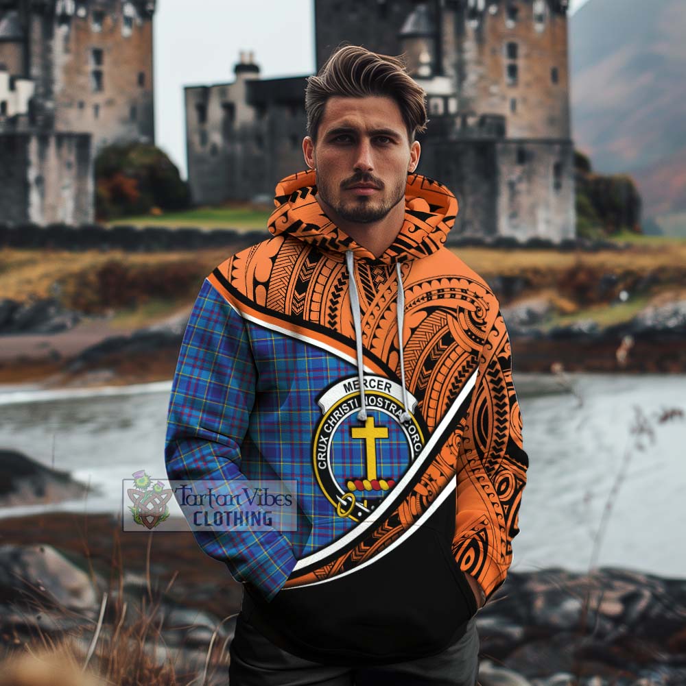 Tartan Vibes Clothing Mercer Crest Tartan Cotton Hoodie with Maori Tattoo Style - Orange Version