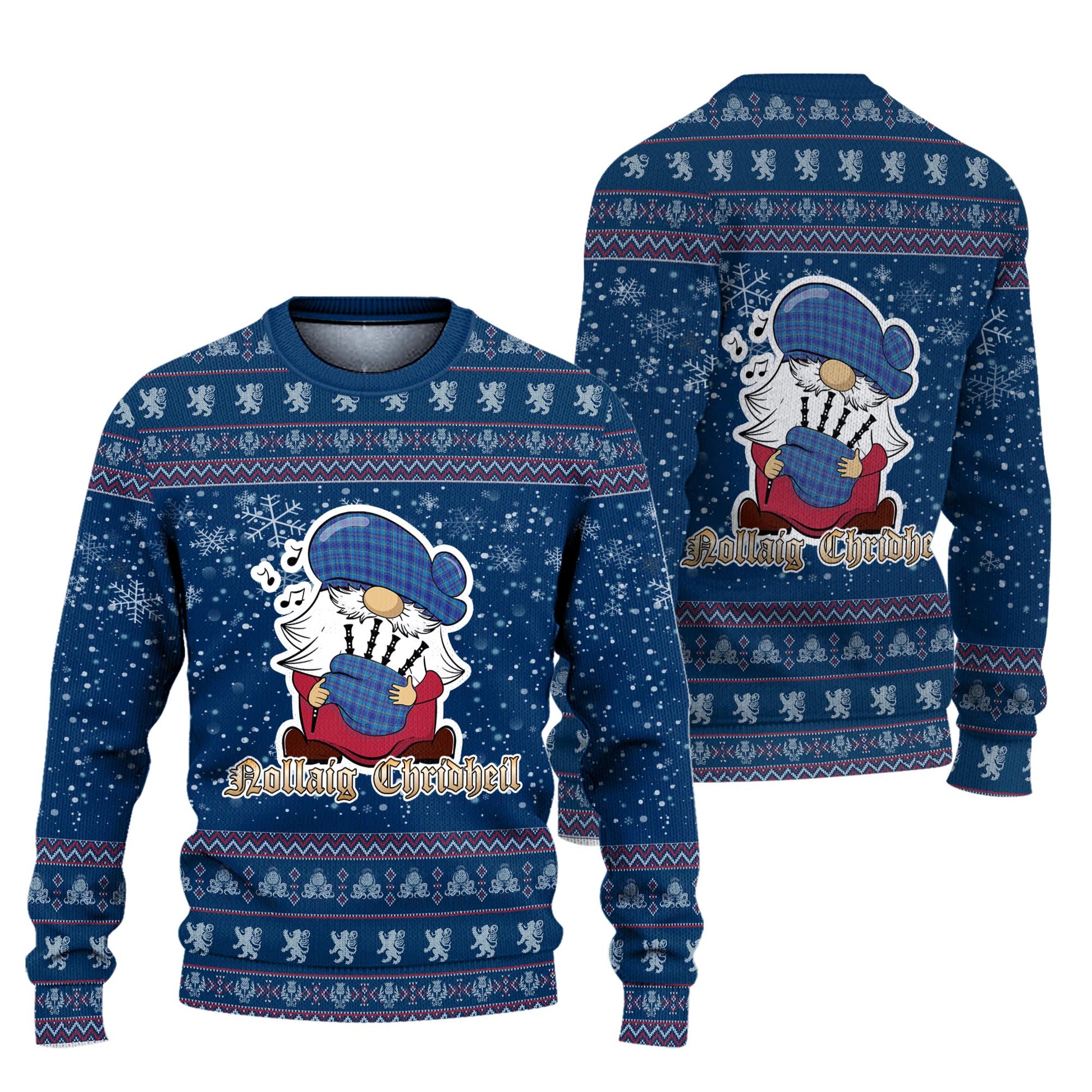 Mercer Modern Clan Christmas Family Knitted Sweater with Funny Gnome Playing Bagpipes Unisex Blue - Tartanvibesclothing