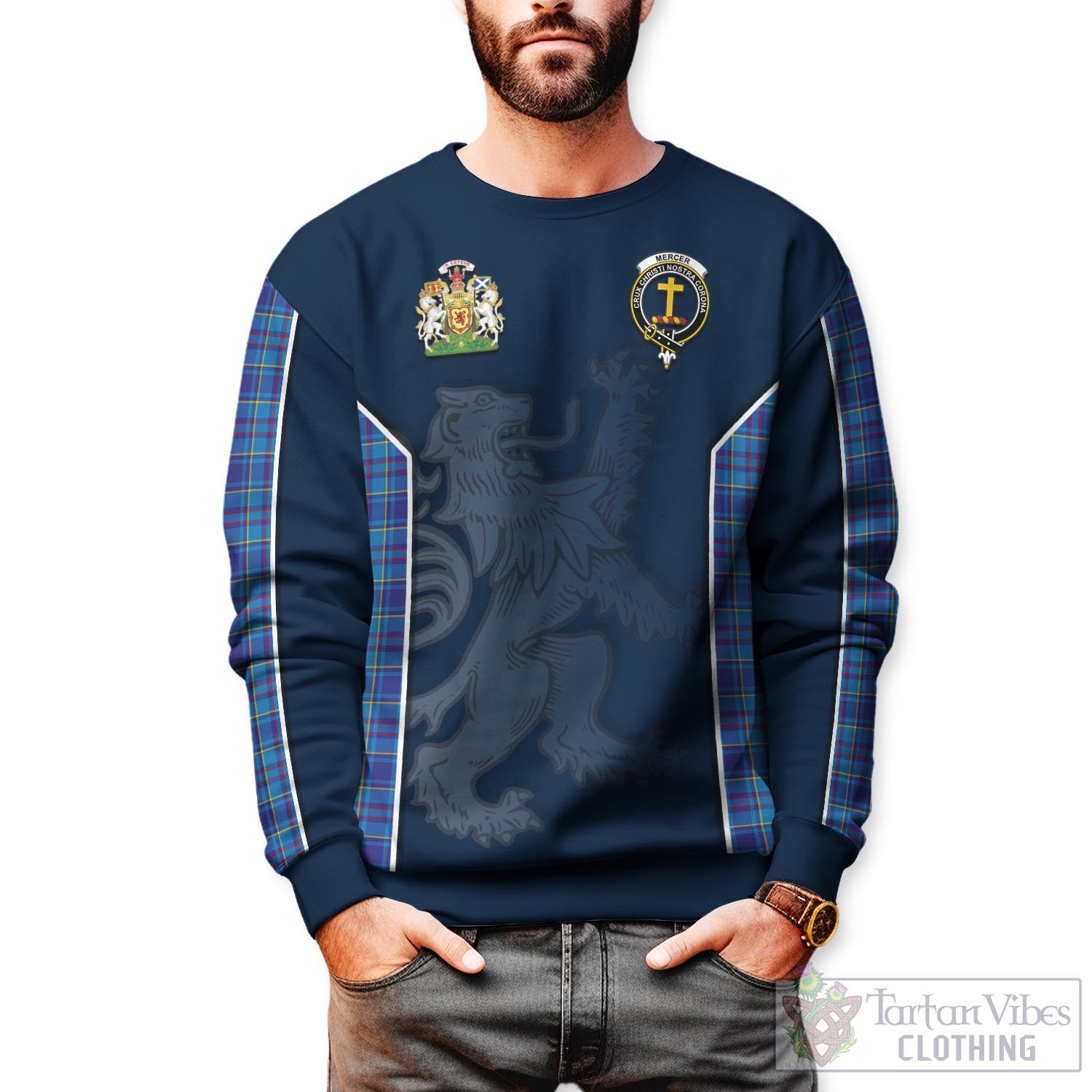 Tartan Vibes Clothing Mercer Modern Tartan Sweater with Family Crest and Lion Rampant Vibes Sport Style