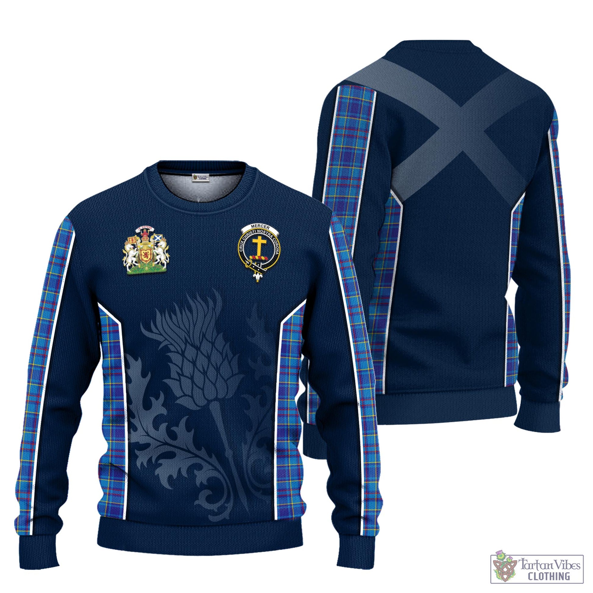 Tartan Vibes Clothing Mercer Modern Tartan Knitted Sweatshirt with Family Crest and Scottish Thistle Vibes Sport Style