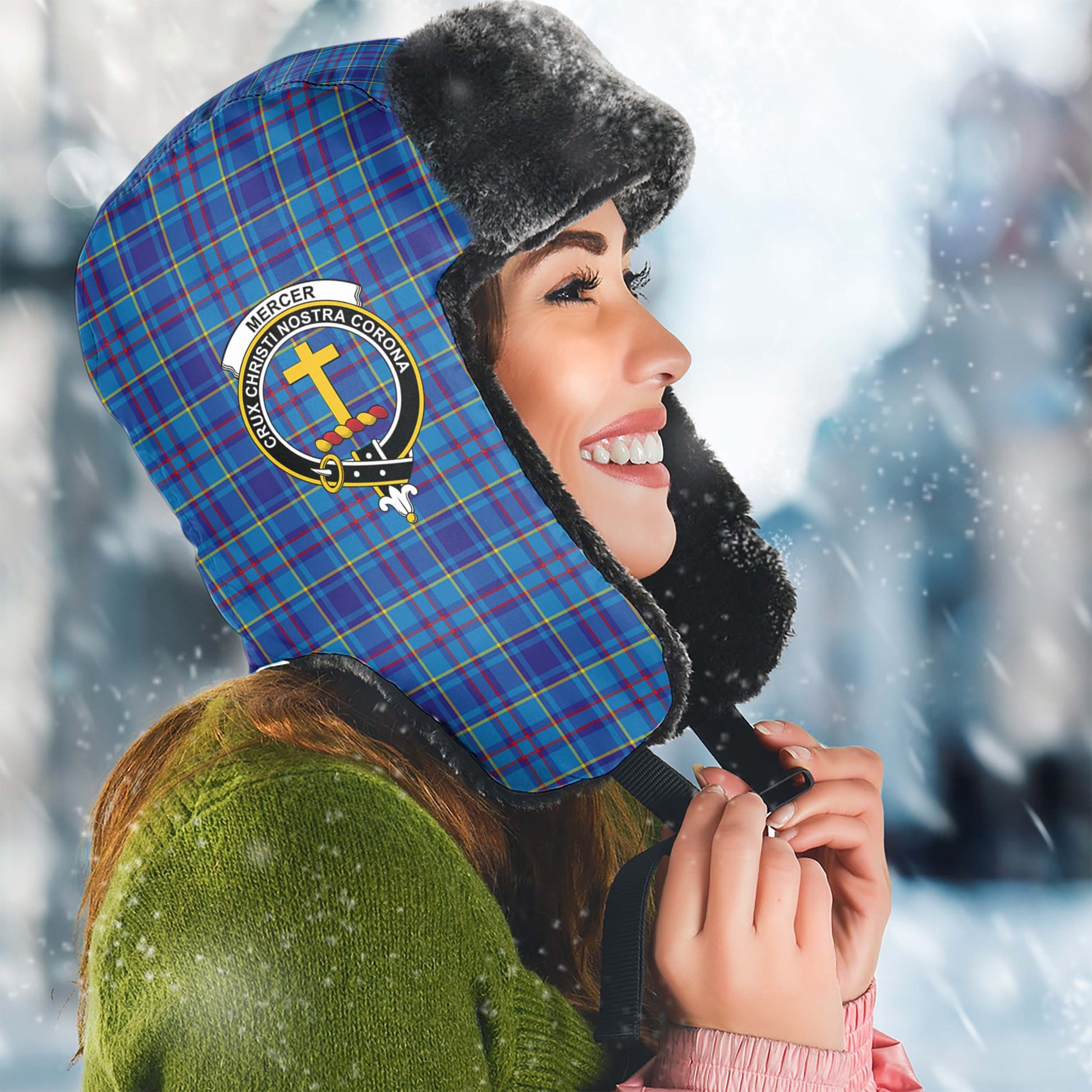 Mercer Modern Tartan Winter Trapper Hat with Family Crest Winter Trapper Hat Universal Fit Circumference 22.8in (58cm) - Tartanvibesclothing