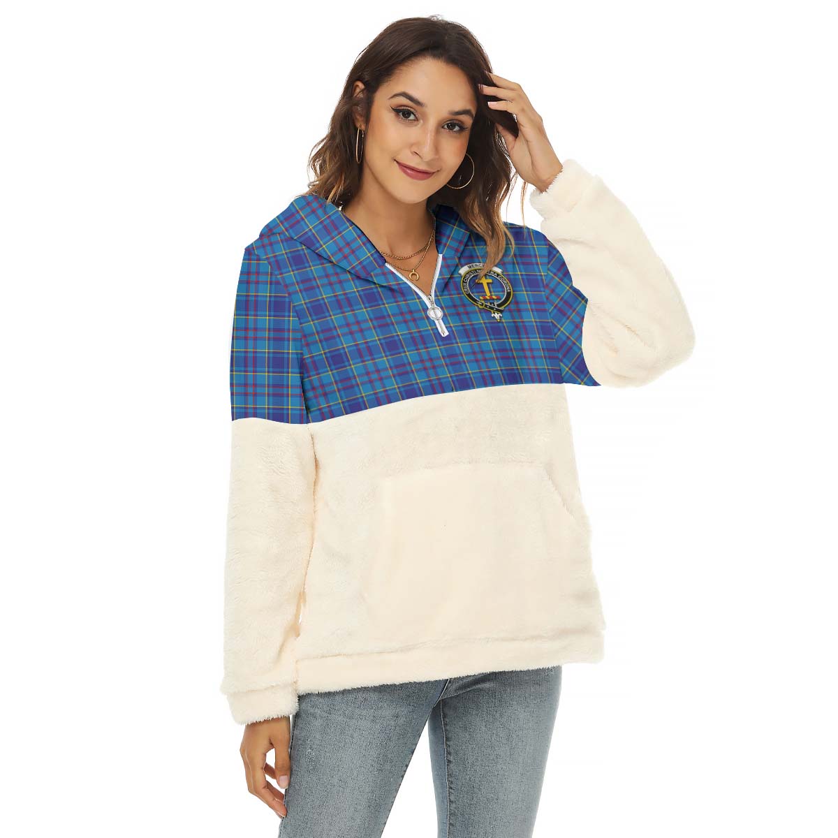 Mercer Tartan Women's Borg Fleece Hoodie With Half Zip with Family Crest Female - Tartan Vibes Clothing