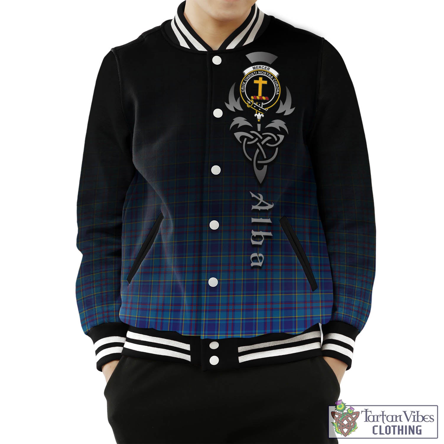 Tartan Vibes Clothing Mercer Modern Tartan Baseball Jacket Featuring Alba Gu Brath Family Crest Celtic Inspired