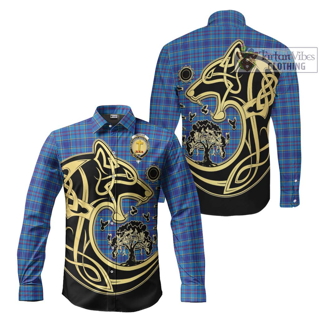 Mercer Tartan Long Sleeve Button Shirt with Family Crest Celtic Wolf Style Men's Shirt S - Tartan Vibes Clothing