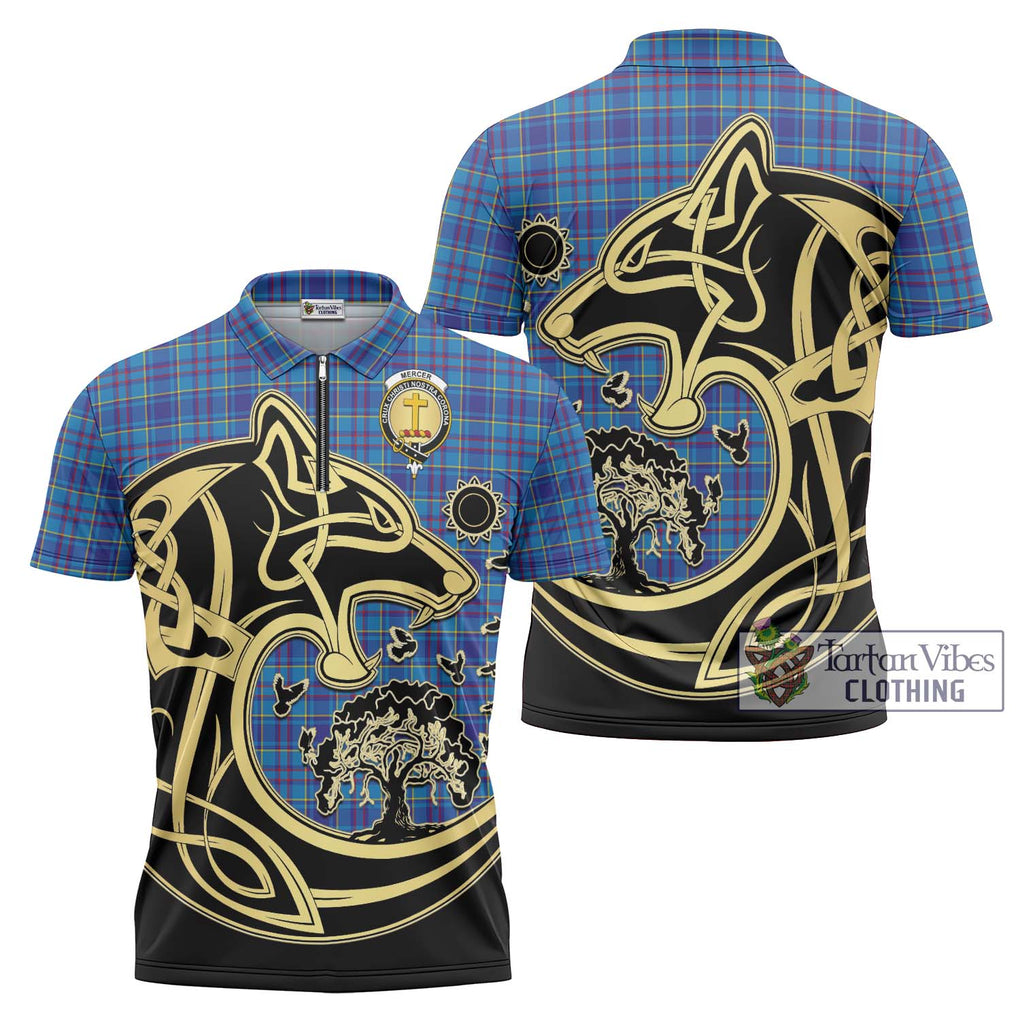 Mercer Tartan Zipper Polo Shirt with Family Crest Celtic Wolf Style Unisex - Tartanvibesclothing Shop