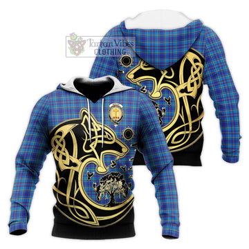 Mercer Tartan Knitted Hoodie with Family Crest Celtic Wolf Style