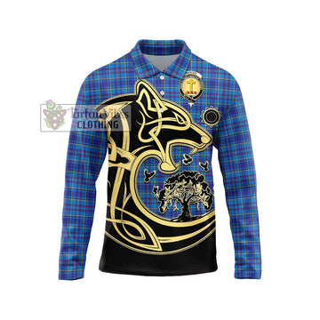 Mercer Tartan Long Sleeve Polo Shirt with Family Crest Celtic Wolf Style