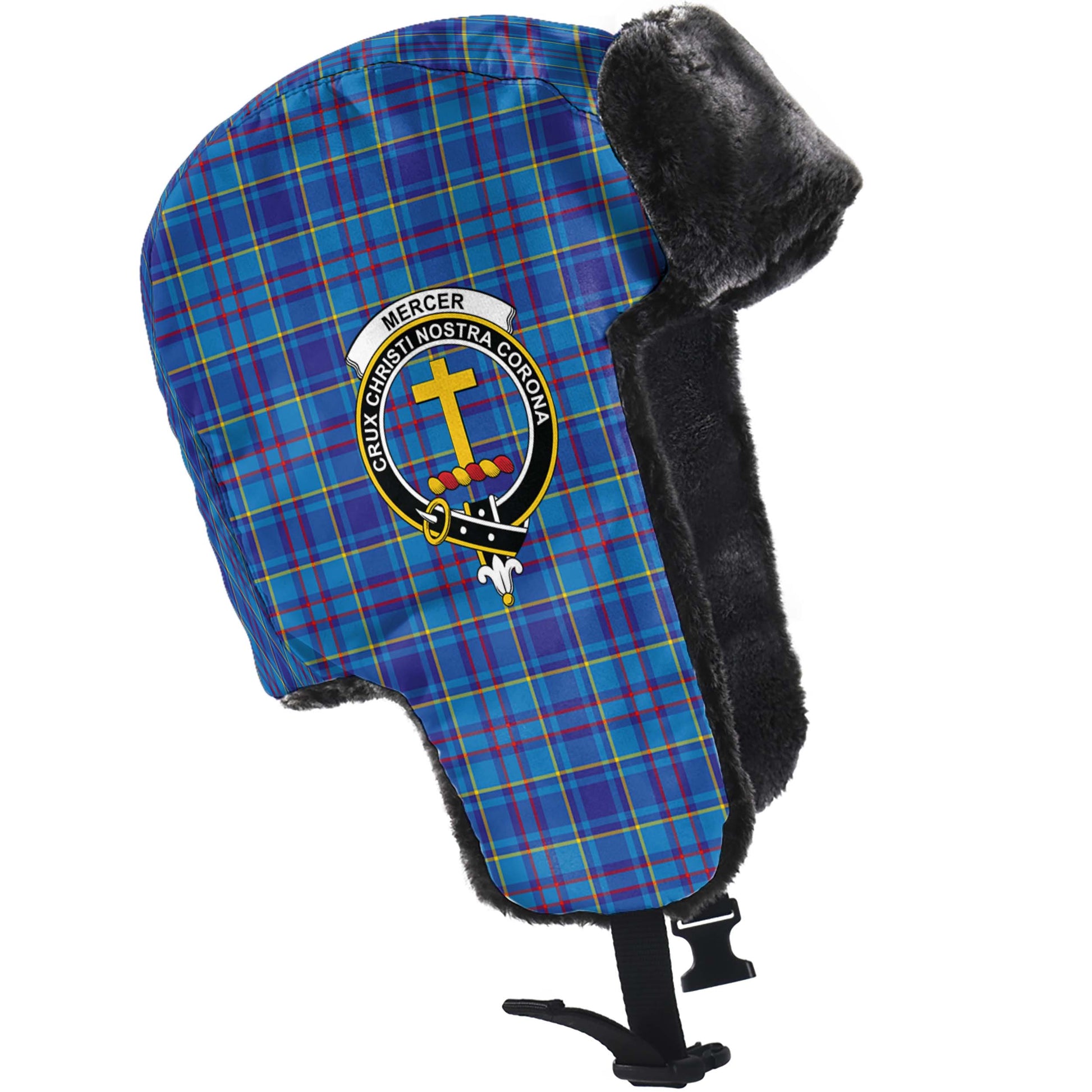 Mercer Modern Tartan Winter Trapper Hat with Family Crest - Tartanvibesclothing