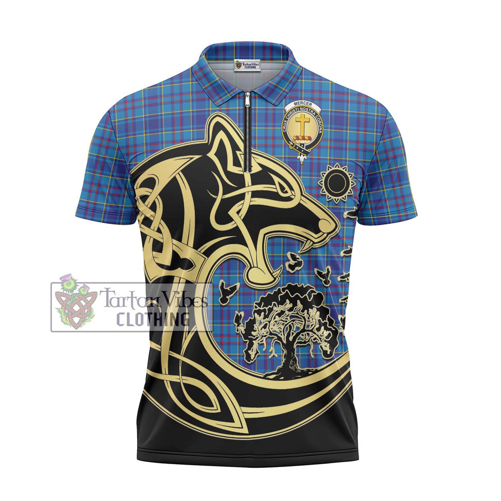 Mercer Tartan Zipper Polo Shirt with Family Crest Celtic Wolf Style - Tartanvibesclothing Shop