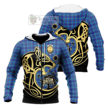 Mercer Tartan Knitted Hoodie with Family Crest Celtic Wolf Style