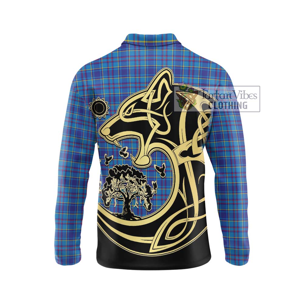 Mercer Tartan Long Sleeve Polo Shirt with Family Crest Celtic Wolf Style - Tartanvibesclothing Shop