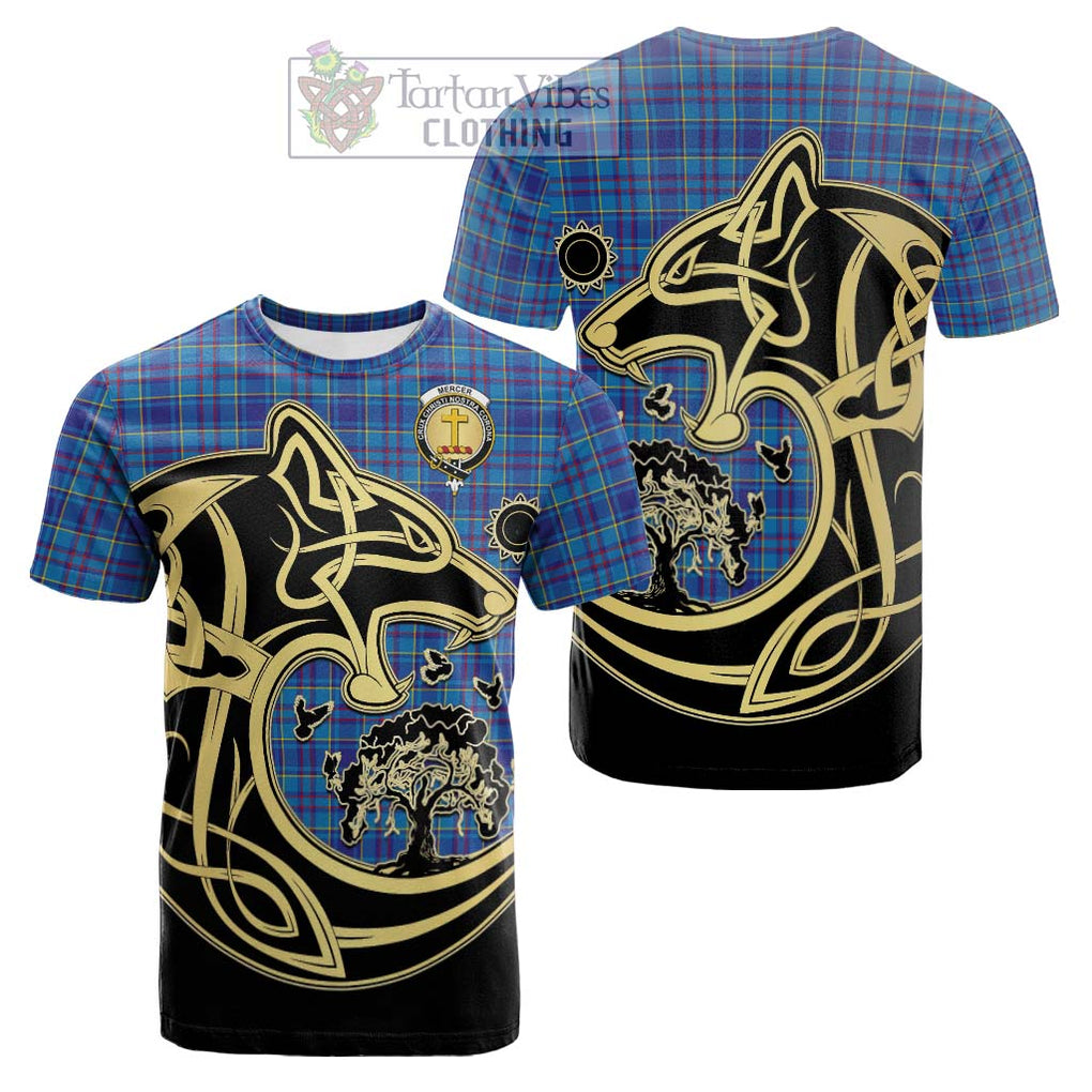 Tartan Vibes Clothing Mercer Modern Tartan Cotton T-shirt with Family Crest Celtic Wolf Style