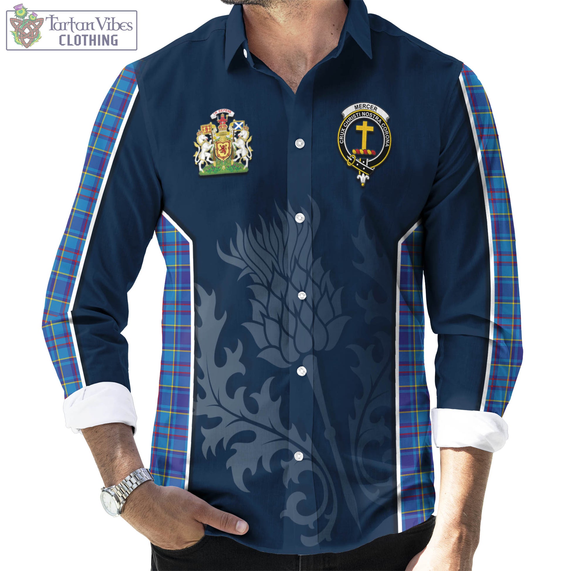 Tartan Vibes Clothing Mercer Modern Tartan Long Sleeve Button Up Shirt with Family Crest and Scottish Thistle Vibes Sport Style