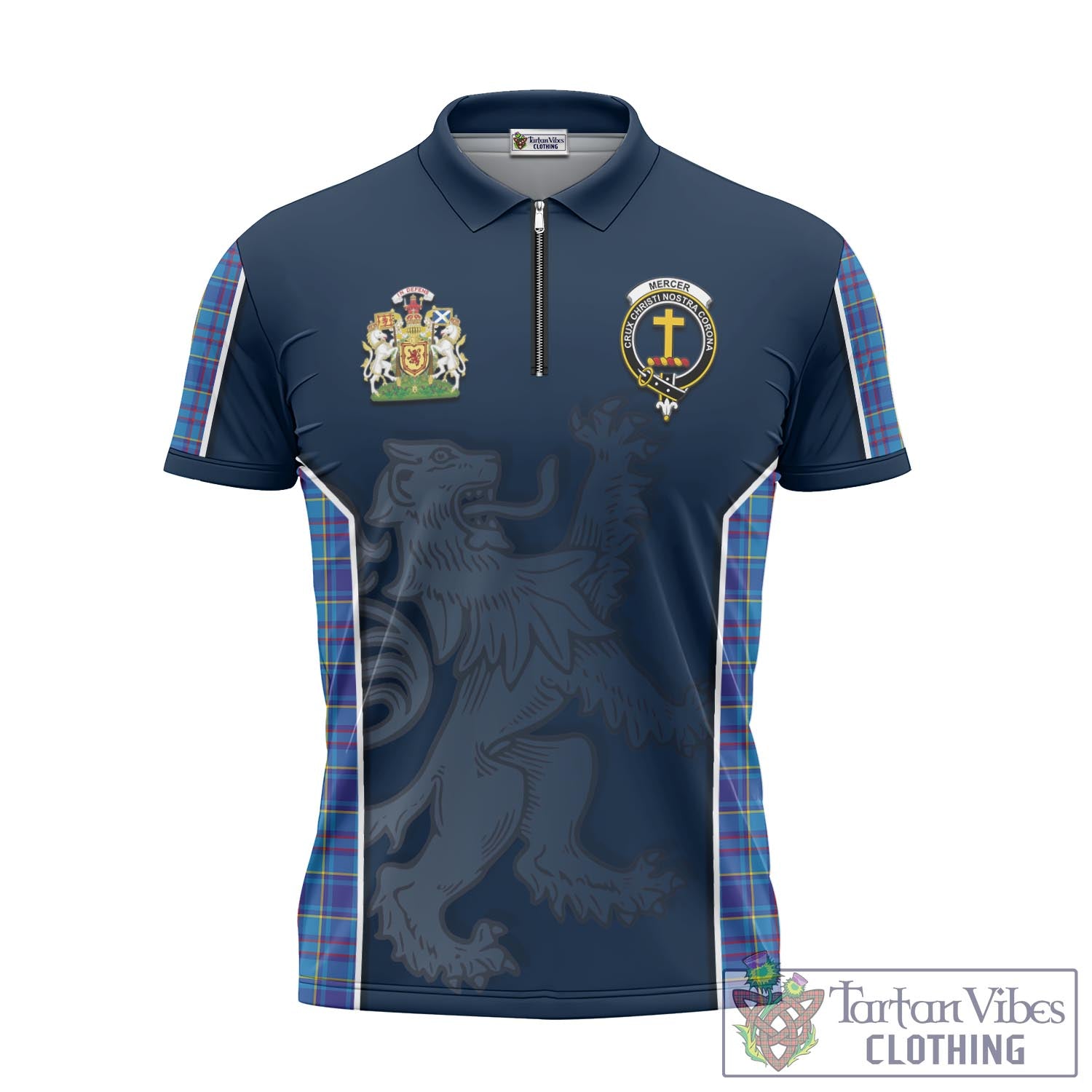 Tartan Vibes Clothing Mercer Modern Tartan Zipper Polo Shirt with Family Crest and Lion Rampant Vibes Sport Style