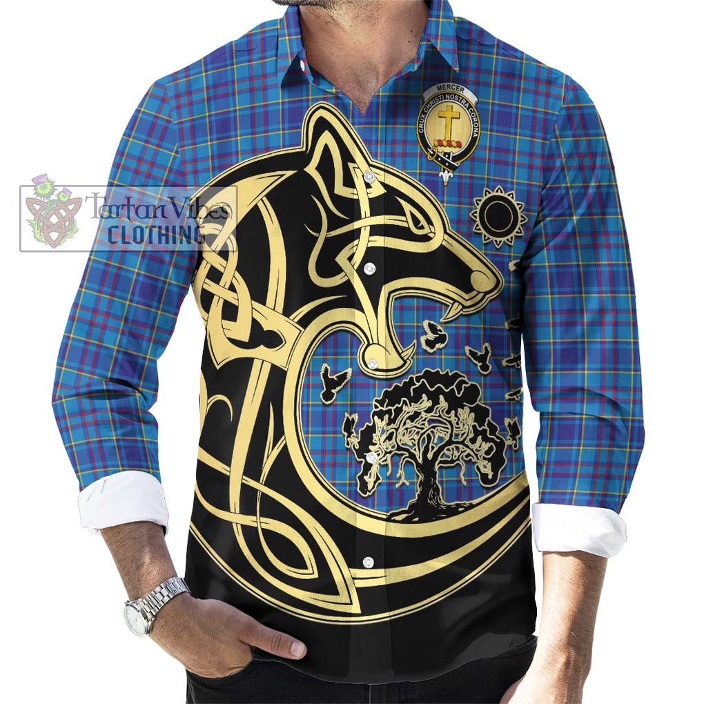 Mercer Tartan Long Sleeve Button Shirt with Family Crest Celtic Wolf Style - Tartan Vibes Clothing