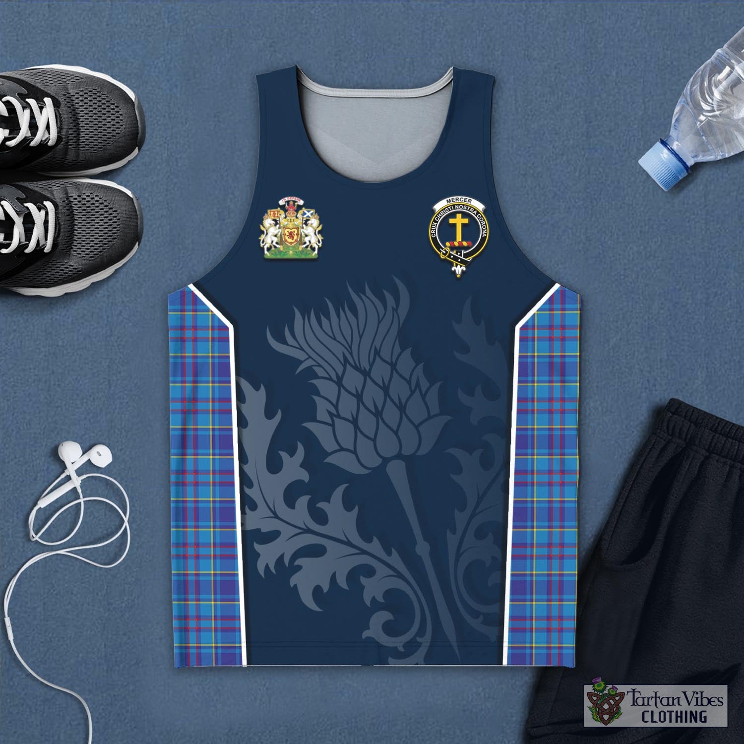 Tartan Vibes Clothing Mercer Modern Tartan Men's Tanks Top with Family Crest and Scottish Thistle Vibes Sport Style