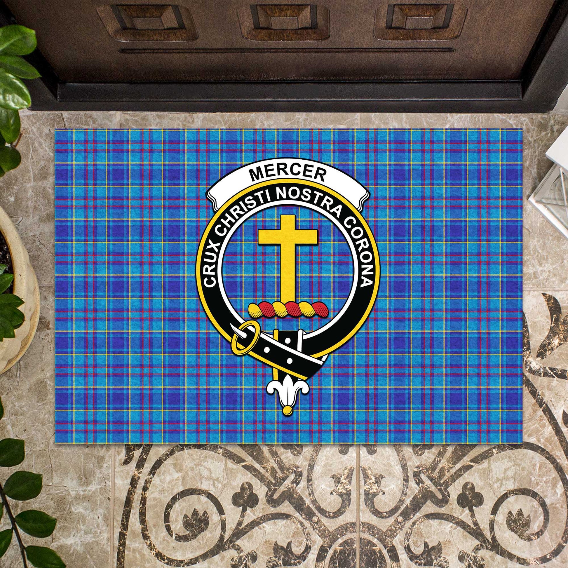 Mercer Modern Tartan Door Mat with Family Crest - Tartanvibesclothing