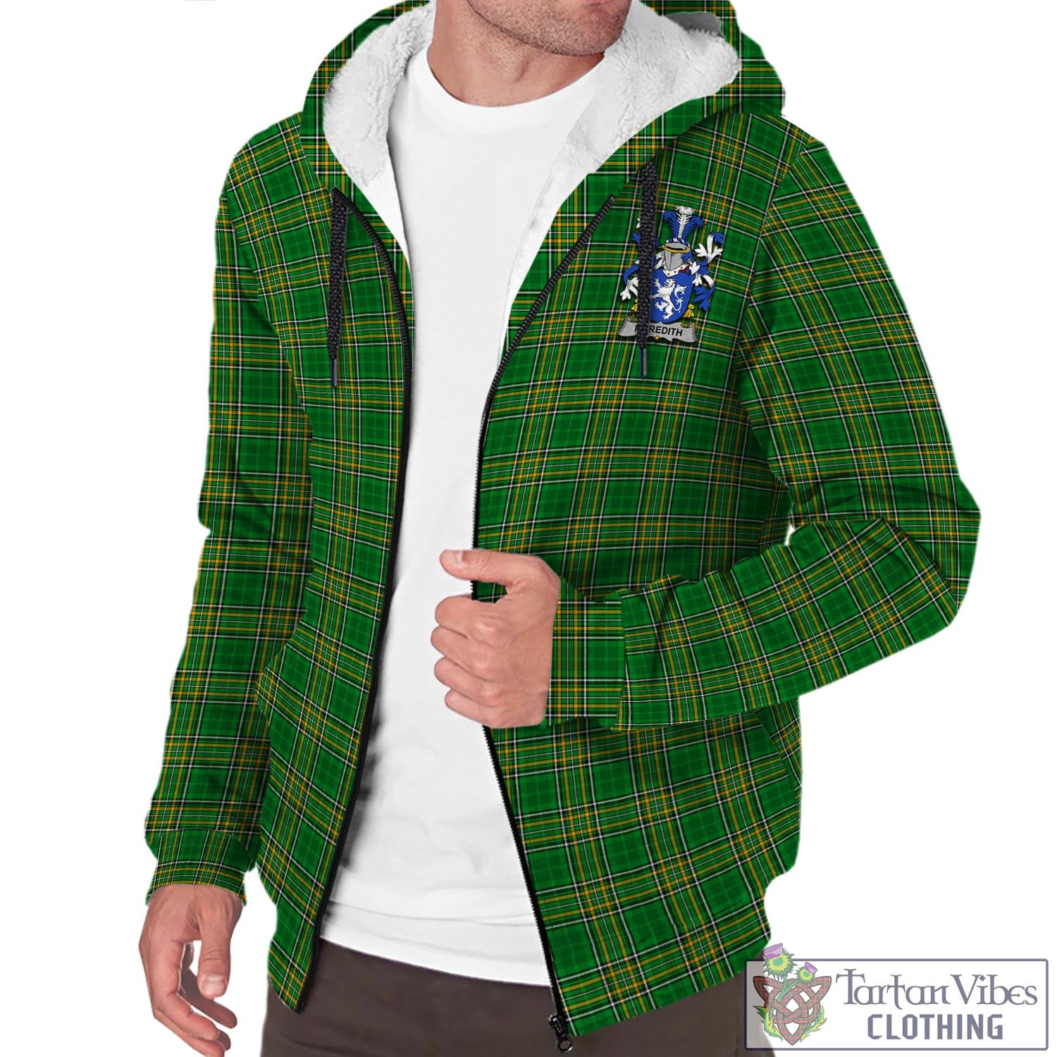 Tartan Vibes Clothing Meredith Ireland Clan Tartan Sherpa Hoodie with Coat of Arms