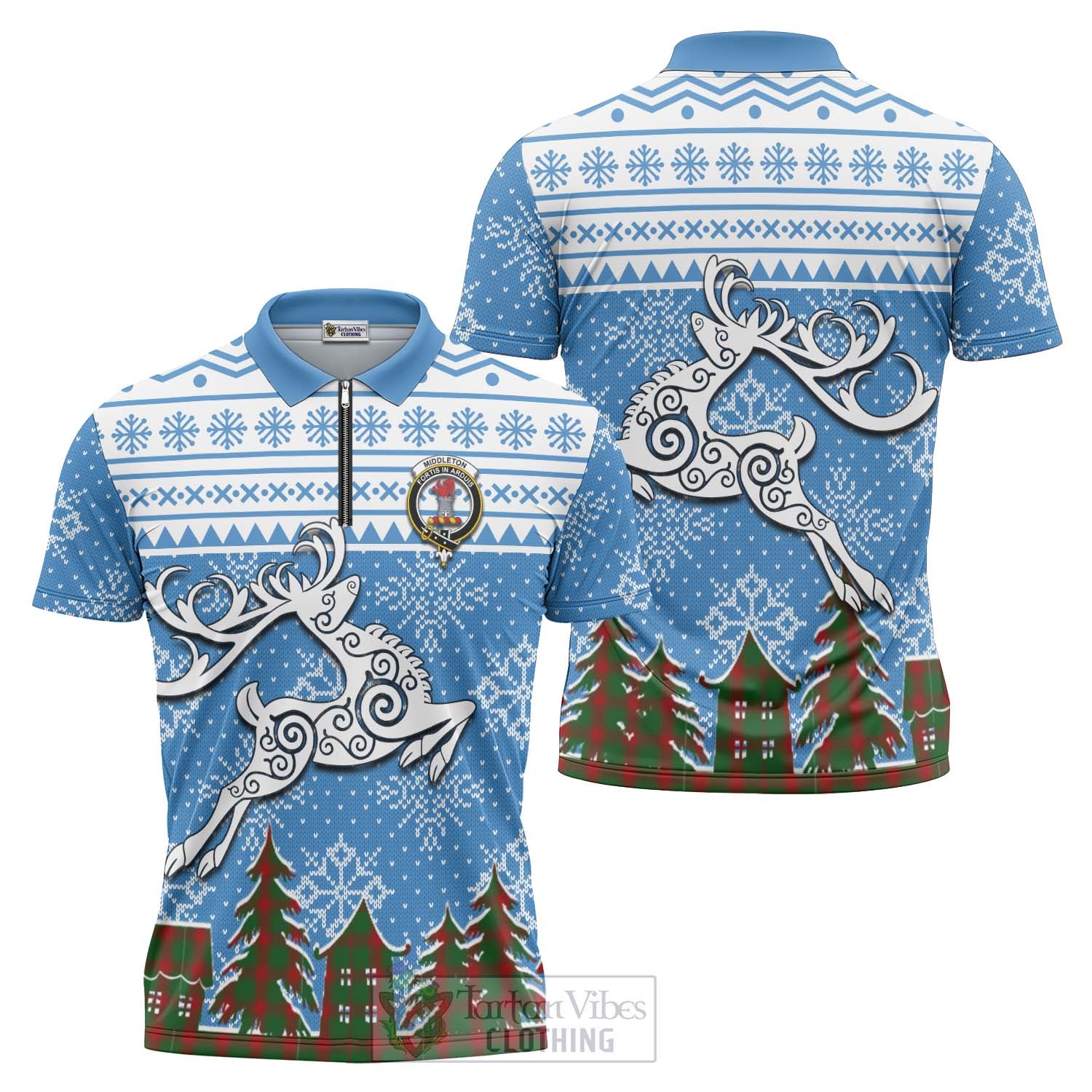 Tartan Vibes Clothing Middleton Clan Christmas Zipper Polo Shirt Celtic Reindeer Style