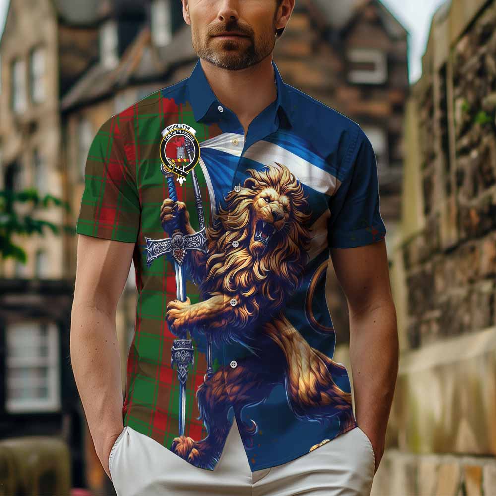 Tartan Vibes Clothing Middleton Tartan Family Crest Short Sleeve Button Shirt with Scottish Majestic Lion