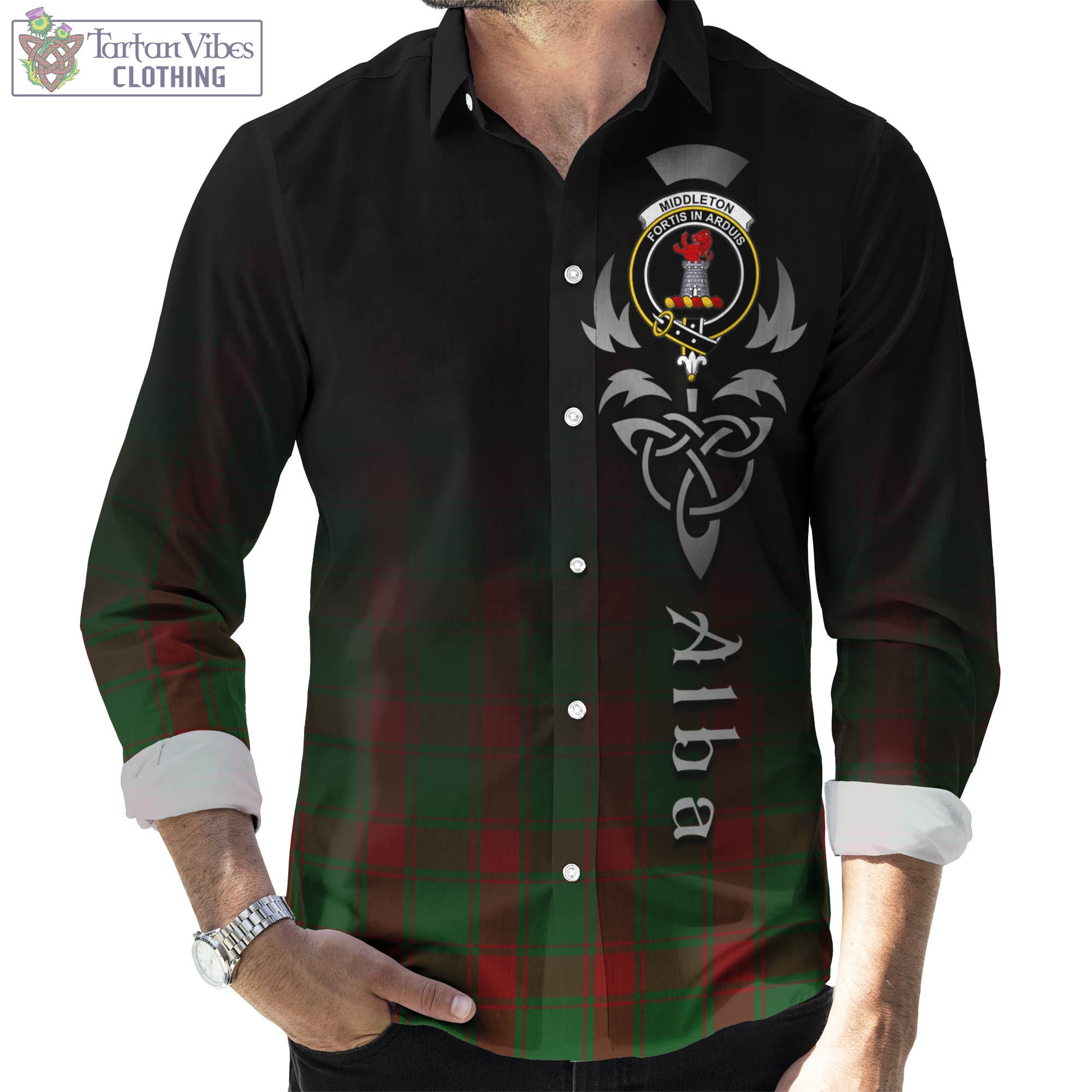 Tartan Vibes Clothing Middleton Tartan Long Sleeve Button Up Featuring Alba Gu Brath Family Crest Celtic Inspired