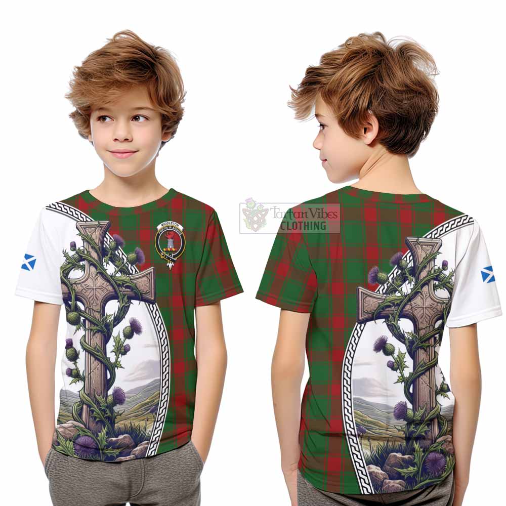 Tartan Vibes Clothing Middleton Tartan Kid T-Shirt with Family Crest and St. Andrew's Cross Accented by Thistle Vines