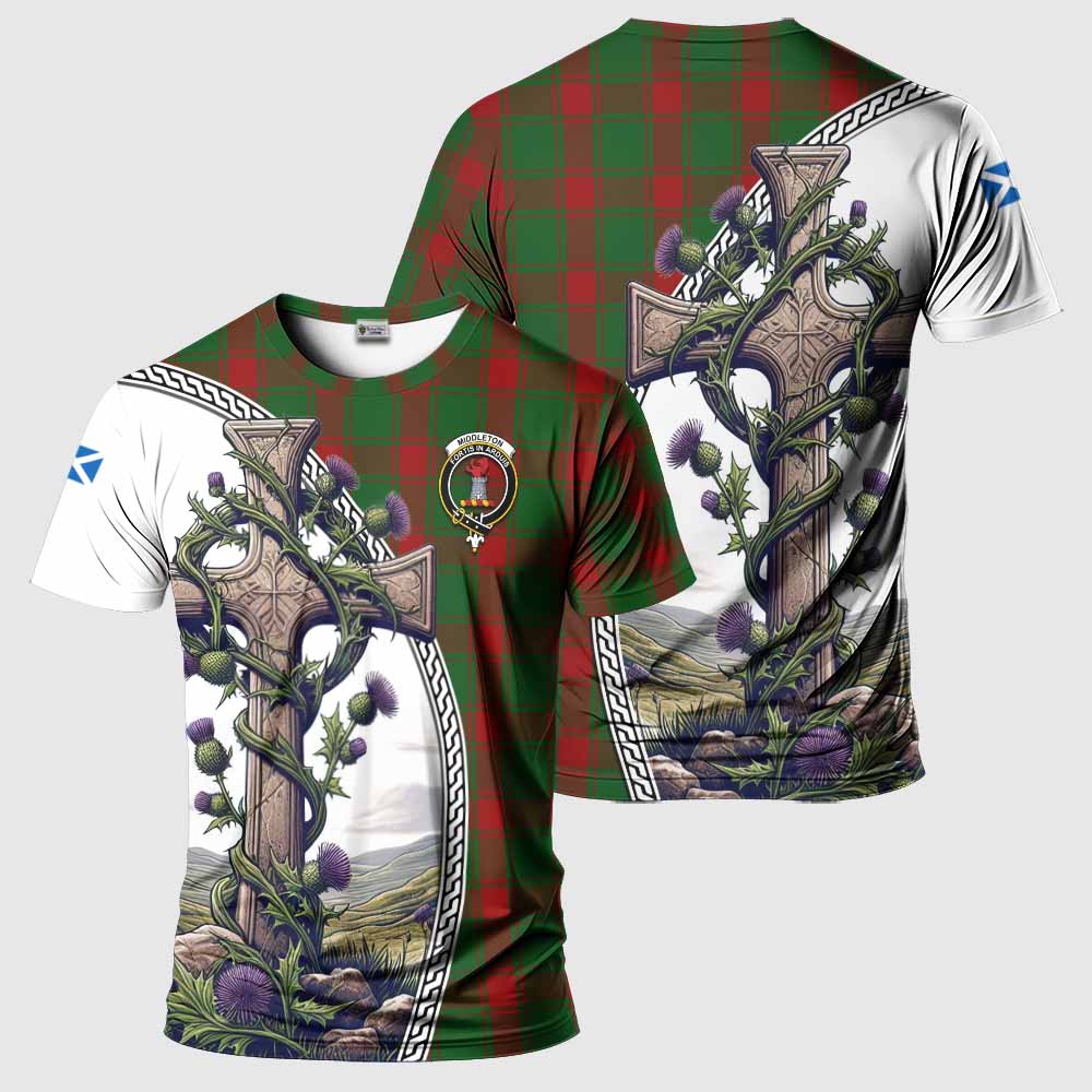 Tartan Vibes Clothing Middleton Agnew Tartan T-Shirt with Family Crest and St. Andrew's Cross Accented by Thistle Vines