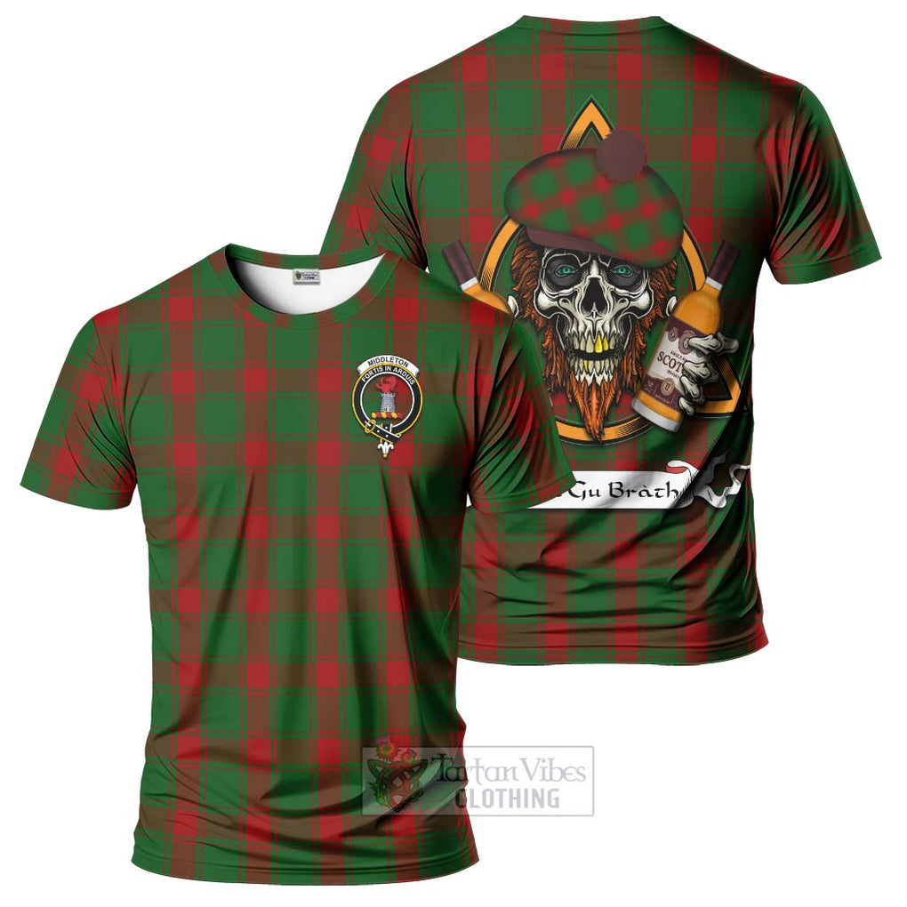 Tartan Vibes Clothing Middleton Tartan T-Shirt with Family Crest and Bearded Skull Holding Bottles of Whiskey