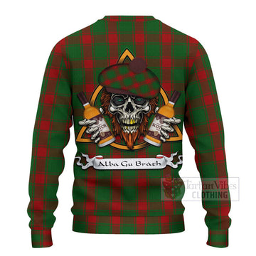 Middleton Tartan Ugly Sweater with Family Crest and Bearded Skull Holding Bottles of Whiskey