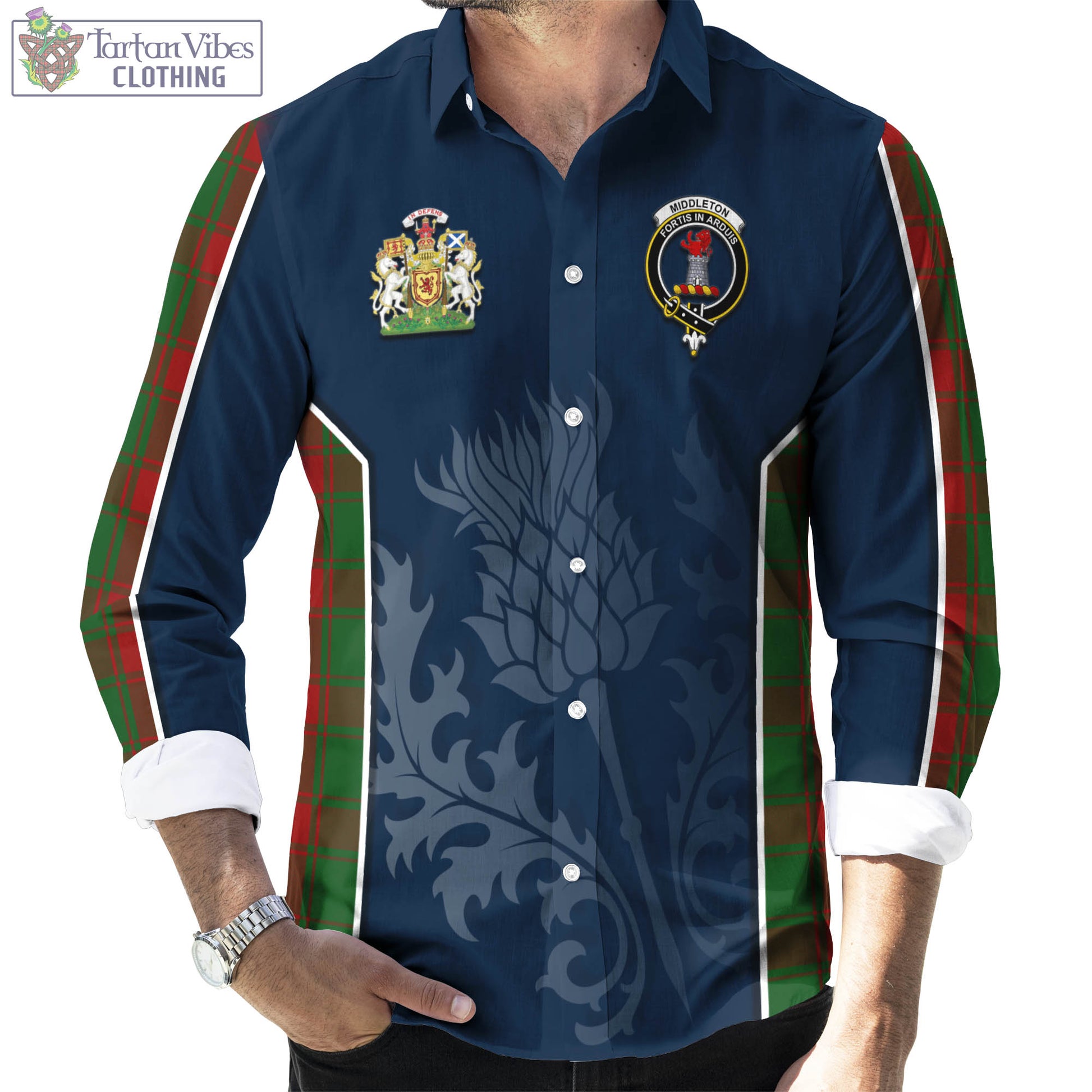 Tartan Vibes Clothing Middleton Tartan Long Sleeve Button Up Shirt with Family Crest and Scottish Thistle Vibes Sport Style