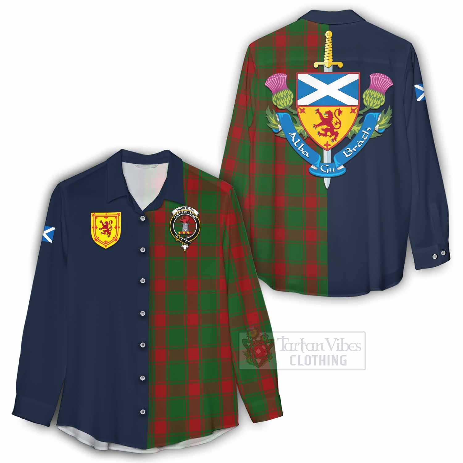 Tartan Vibes Clothing Middleton Tartan Women's Casual Shirt Alba with Scottish Lion Royal Arm Half Style