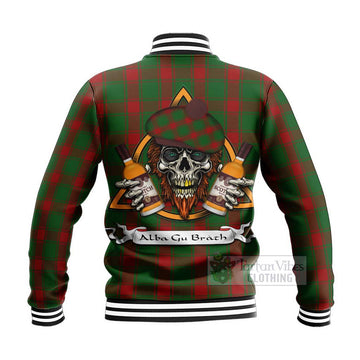 Middleton Tartan Baseball Jacket with Family Crest and Bearded Skull Holding Bottles of Whiskey