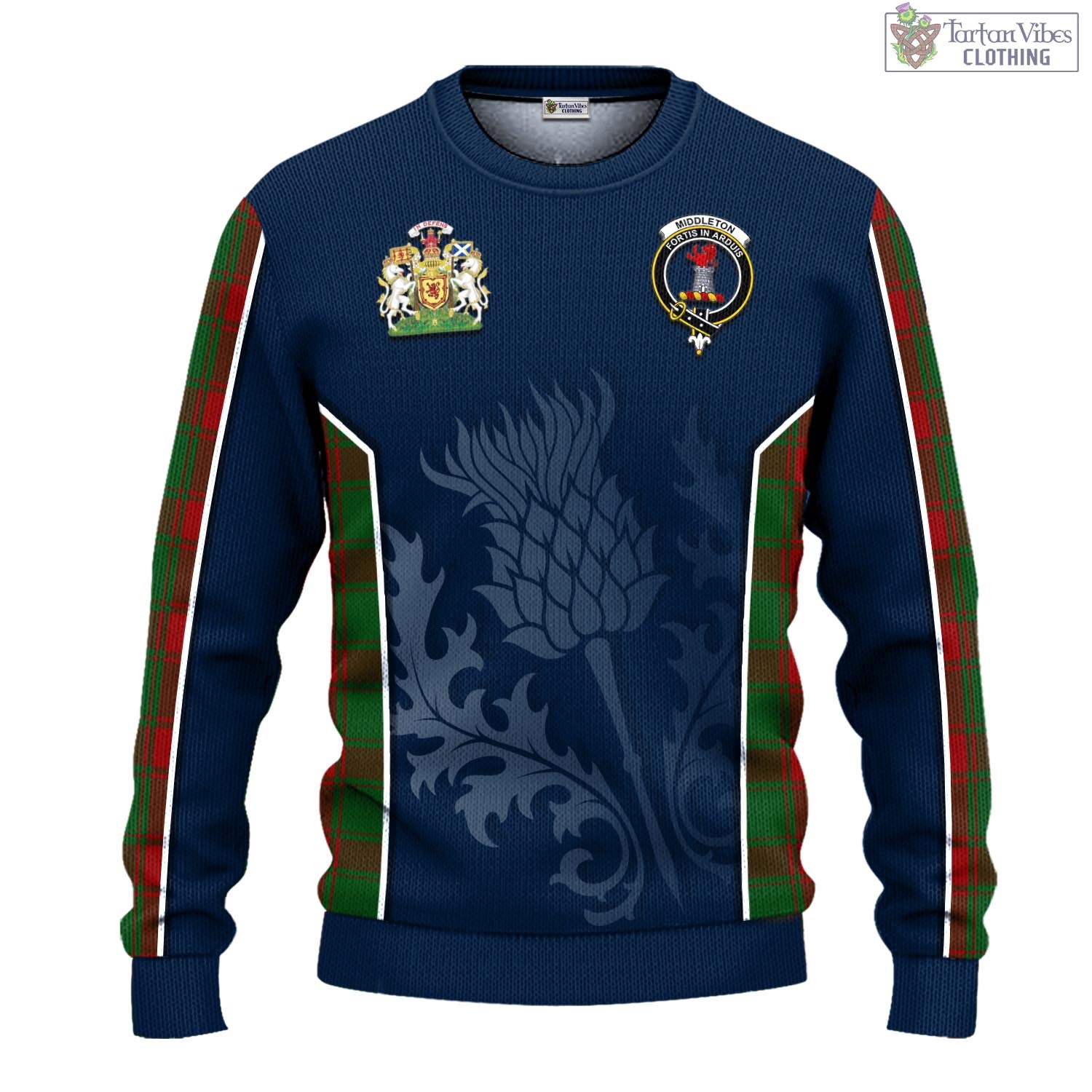 Tartan Vibes Clothing Middleton Tartan Knitted Sweatshirt with Family Crest and Scottish Thistle Vibes Sport Style