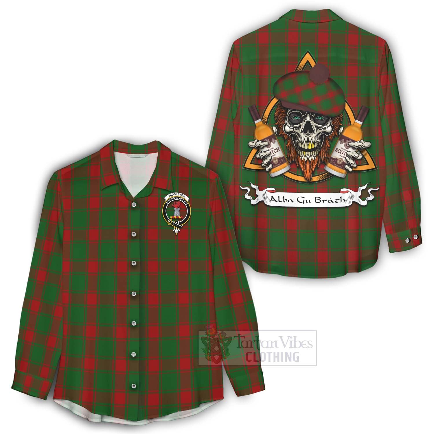 Tartan Vibes Clothing Middleton Tartan Women's Casual Shirt with Family Crest and Bearded Skull Holding Bottles of Whiskey