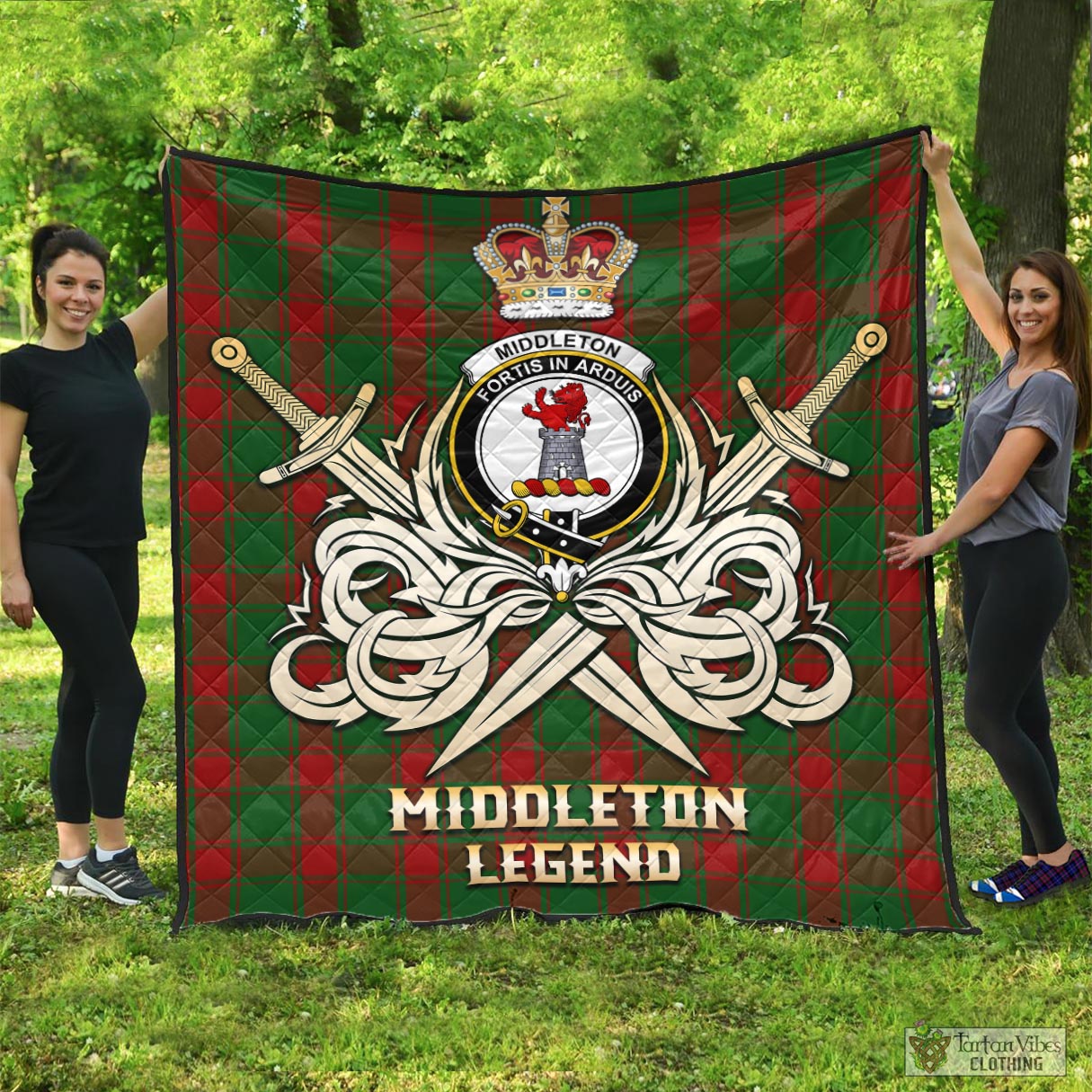 Tartan Vibes Clothing Middleton Tartan Quilt with Clan Crest and the Golden Sword of Courageous Legacy