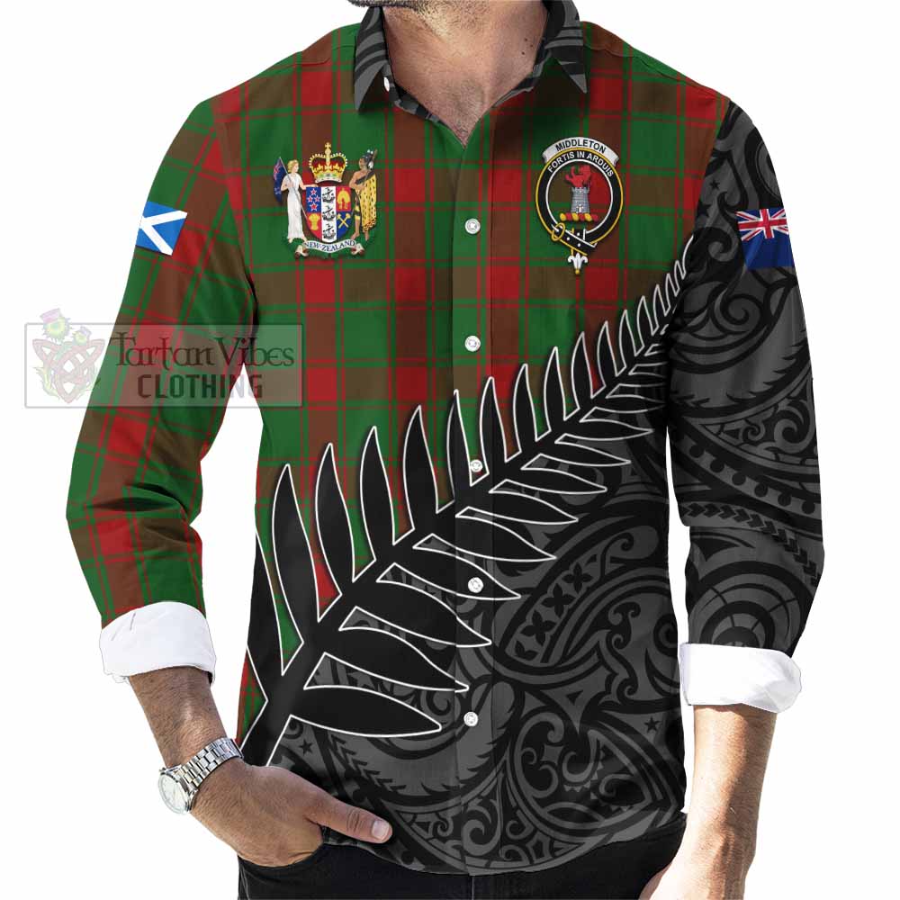 Tartan Vibes Clothing Middleton Crest Tartan Long Sleeve Button Shirt with New Zealand Silver Fern Half Style