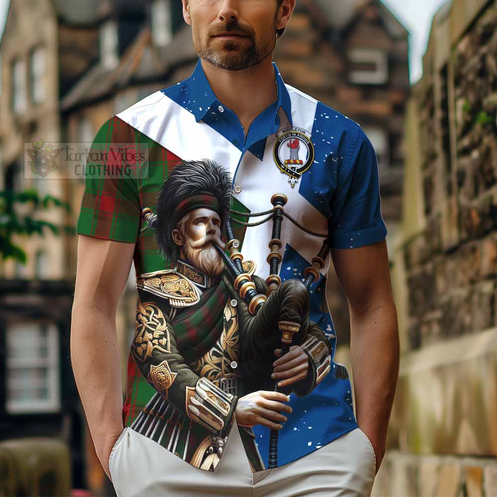 Tartan Vibes Clothing Middleton Tartan Short Sleeve Button Shirt with Family Crest Scottish Bagpiper Vibes